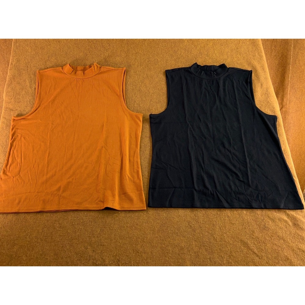 Old Navy Womens XXL Orange Black Ribbed Mock Neck Sleeveless Knit Top 2pk New
